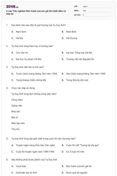 6 câu Trắc nghiệm Bức tranh của em gái tôi Cánh diều có đáp án