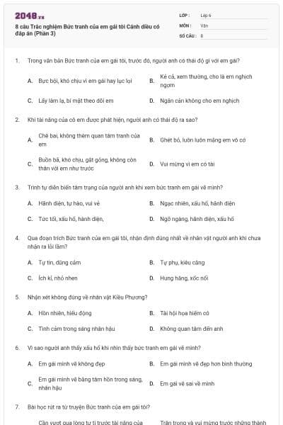 8 câu Trắc nghiệm Bức tranh của em gái tôi Cánh diều có đáp án (Phần 3)