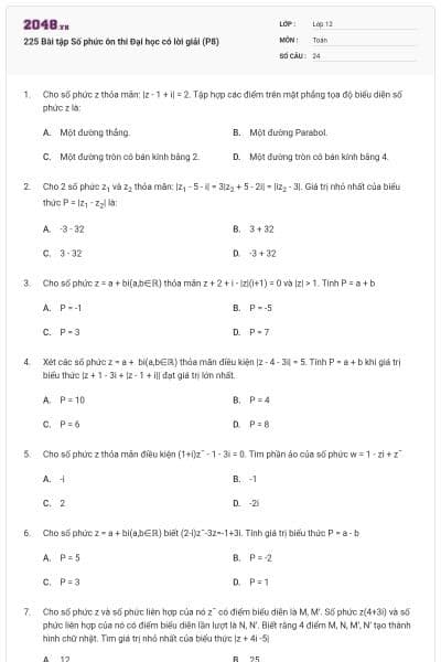 225 Bài tập Số phức ôn thi Đại học có lời giải (P8)