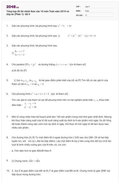 Tổng hợp đề thi chính thức vào 10 môn Toán năm 2019 có đáp án (Phần 1)- Đề 9