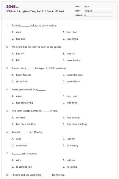 5000 câu trắc nghiệm Tiếng Anh 9 có đáp án - Phần 4