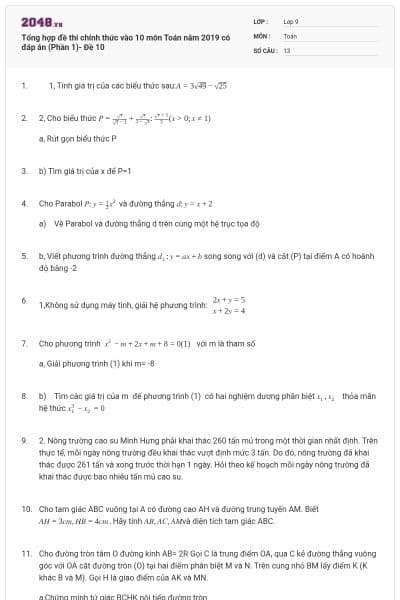 Tổng hợp đề thi chính thức vào 10 môn Toán năm 2019 có đáp án (Phần 1)- Đề 10