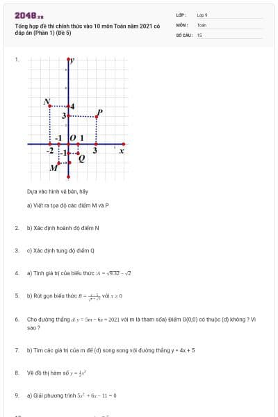 Tổng hợp đề thi chính thức vào 10 môn Toán năm 2021 có đáp án (Phần 1) (Đề 5)