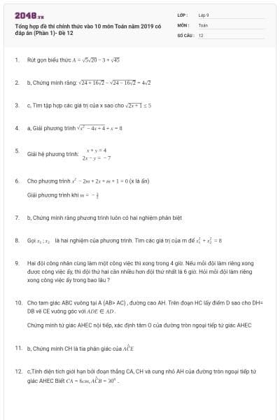 Tổng hợp đề thi chính thức vào 10 môn Toán năm 2019 có đáp án (Phần 1)- Đề 12
