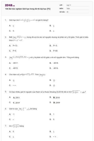 106 Bài trắc nghiệm Giới hạn trong đề thi đại học (P2)
