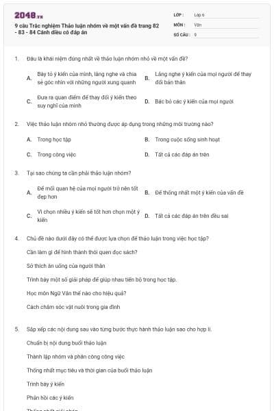 9 câu Trắc nghiệm Thảo luận nhóm về một vấn đề trang 82 - 83 - 84 Cánh diều có đáp án