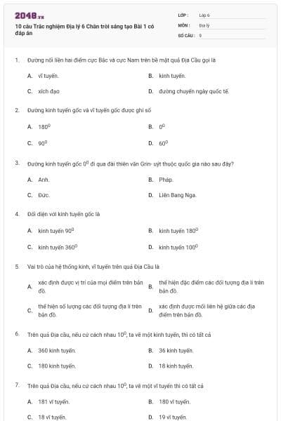 10 câu Trắc nghiệm Địa lý 6 Chân trời sáng tạo Bài 1 có đáp án