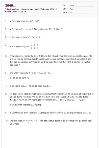Tổng hợp đề thi chính thức vào 10 môn Toán năm 2019 có đáp án (Phần 1)- Đề 13