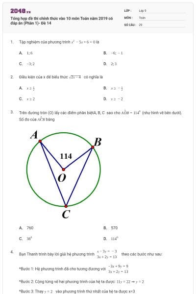 Tổng hợp đề thi chính thức vào 10 môn Toán năm 2019 có đáp án (Phần 1)- Đề 14