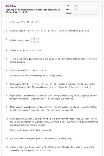Tổng hợp đề thi chính thức vào 10 môn Toán năm 2019 có đáp án (Phần 1)- Đề 15