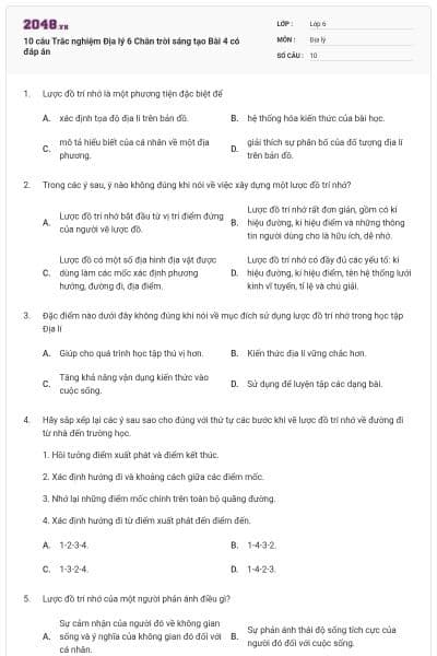 10 câu Trắc nghiệm Địa lý 6 Chân trời sáng tạo Bài 4 có đáp án