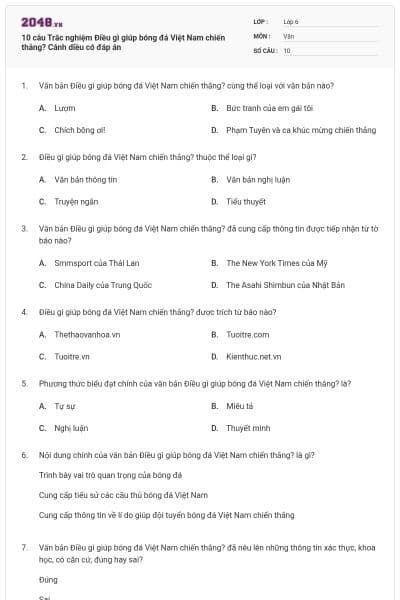 10 câu Trắc nghiệm Điều gì giúp bóng đá Việt Nam chiến thắng? Cánh diều có đáp án