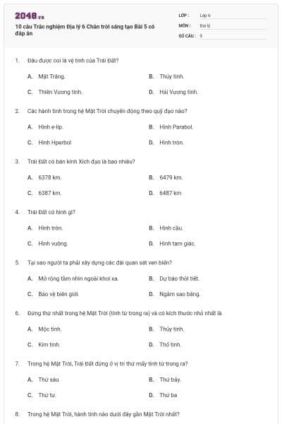 10 câu Trắc nghiệm Địa lý 6 Chân trời sáng tạo Bài 5 có đáp án