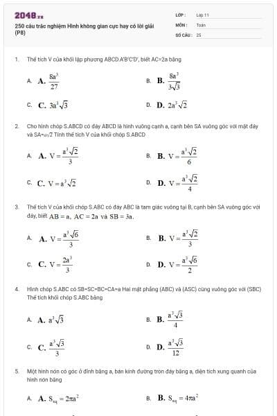 250 câu trắc nghiệm Hình không gian cực hay có lời giải (P8)