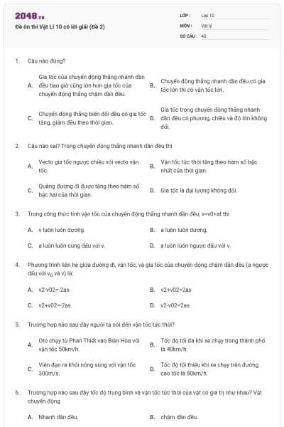 Đề ôn thi Vật Lí 10 có lời giải (Đề 2)