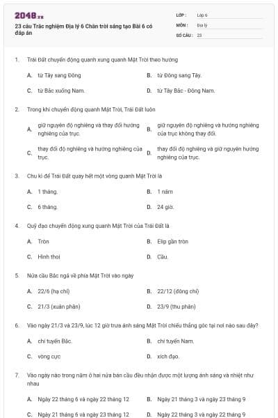 23 câu Trắc nghiệm Địa lý 6 Chân trời sáng tạo Bài 6 có đáp án