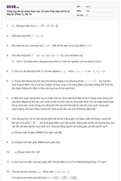 Tổng hợp đề thi chính thức vào 10 môn Toán năm 2019 có đáp án (Phần 1)- Đề 16