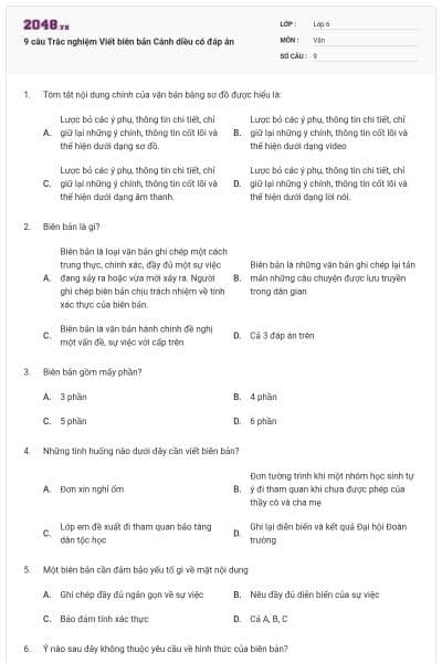 9 câu Trắc nghiệm Viết biên bản Cánh diều có đáp án