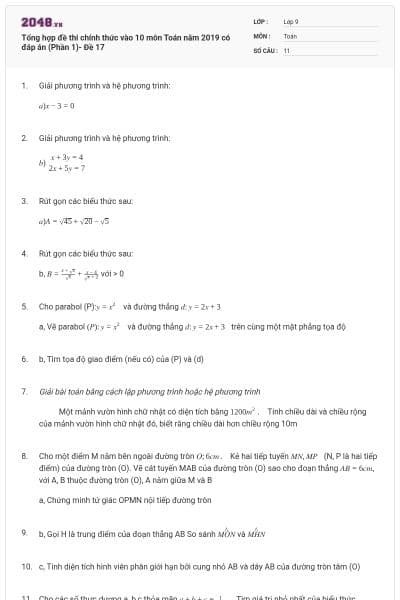 Tổng hợp đề thi chính thức vào 10 môn Toán năm 2019 có đáp án (Phần 1)- Đề 17