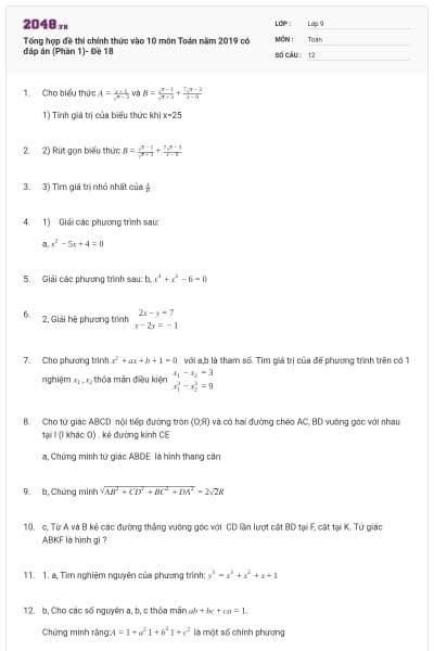 Tổng hợp đề thi chính thức vào 10 môn Toán năm 2019 có đáp án (Phần 1)- Đề 18