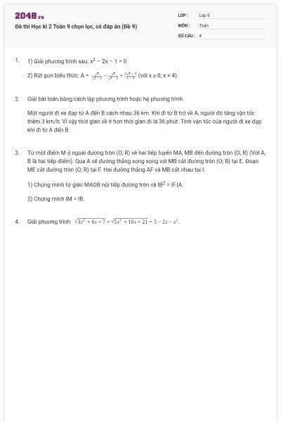Đề thi Học kì 2 Toán 9 chọn lọc, có đáp án (Đề 9)
