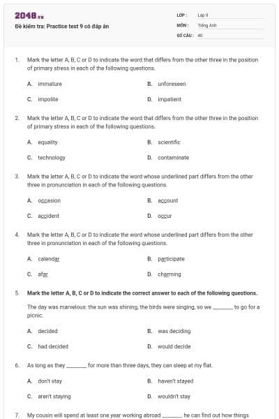 Đề kiểm tra: Practice test 9 có đáp án