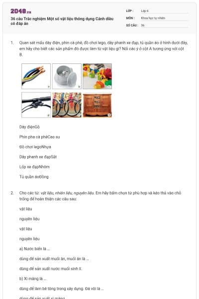 36 câu Trắc nghiệm Một số vật liệu thông dụng Cánh diều có đáp án