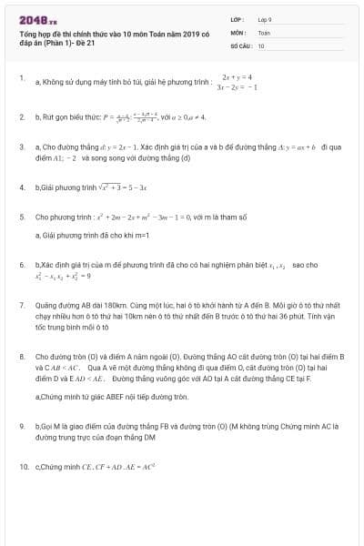 Tổng hợp đề thi chính thức vào 10 môn Toán năm 2019 có đáp án (Phần 1)- Đề 21
