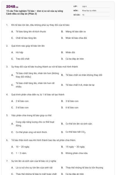 15 câu Trắc nghiệm Tế bào – đơn vị cơ sở của sự sống Cánh diều có đáp án (Phần 3)