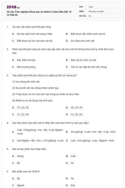 30 câu Trắc nghiệm Khoa học tự nhiên 6 Cánh diều Bài 14 có đáp án