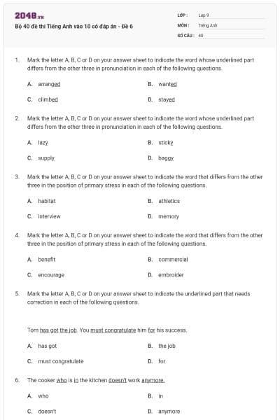 Bộ 40 đề thi Tiếng Anh vào 10 có đáp án - Đề 6