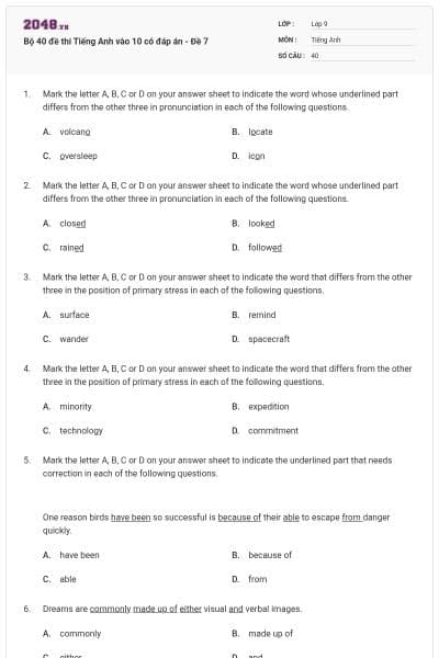 Bộ 40 đề thi Tiếng Anh vào 10 có đáp án - Đề 7