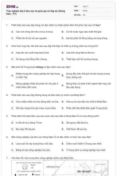 Trắc nghiệm Địa lí khu vực và quốc gia có đáp án (thông hiểu - P7)