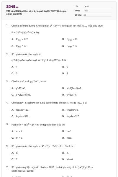 240 câu Bài tập Hàm số mũ, logarit ôn thi THPT Quốc gia có lời giải (P2)