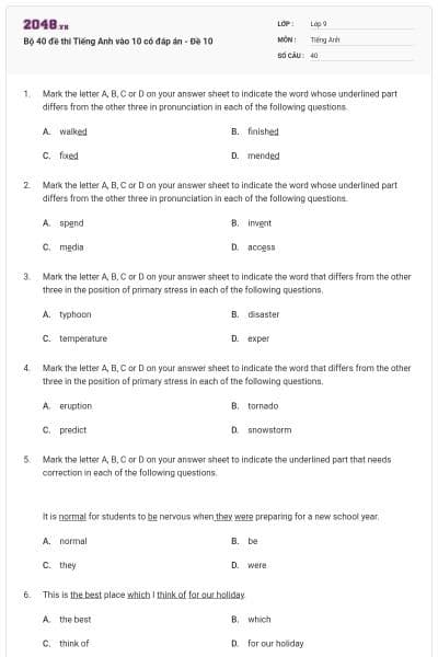 Bộ 40 đề thi Tiếng Anh vào 10 có đáp án - Đề 10