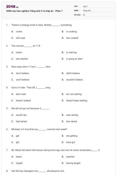 5000 câu trắc nghiệm Tiếng Anh 9 có đáp án - Phần 7
