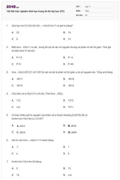 106 Bài trắc nghiệm Giới hạn trong đề thi đại học (P2)