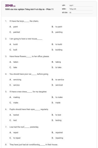 5000 câu trắc nghiệm Tiếng Anh 9 có đáp án - Phần 11