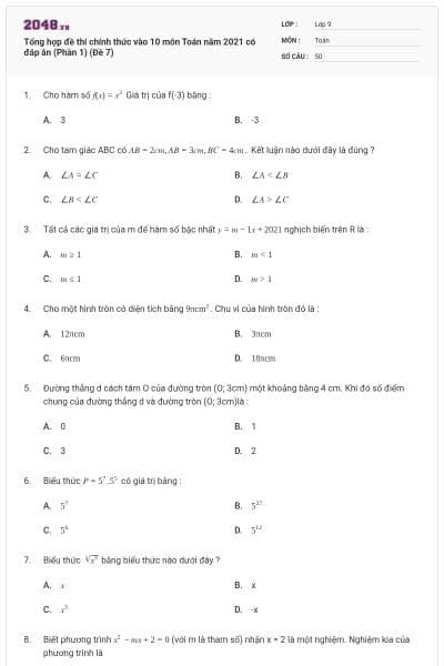 Tổng hợp đề thi chính thức vào 10 môn Toán năm 2021 có đáp án (Phần 1) (Đề 7)