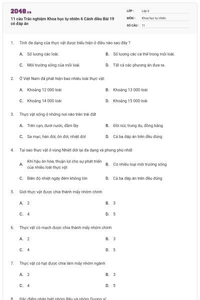 11 câu Trắc nghiệm Khoa học tự nhiên 6 Cánh diều Bài 19 có đáp án