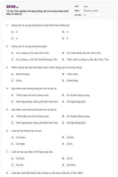 15 câu Trắc nghiệm Đa dạng động vật có xương sống Cánh diều có đáp án