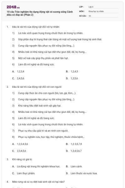 10 câu Trắc nghiệm Đa dạng động vật có xương sống Cánh diều có đáp án (Phần 2)