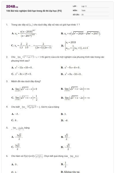 106 Bài trắc nghiệm Giới hạn trong đề thi đại học (P3)