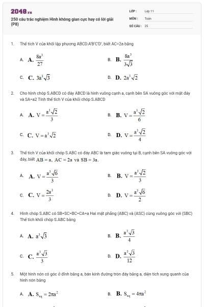 250 câu trắc nghiệm Hình không gian cực hay có lời giải (P8)