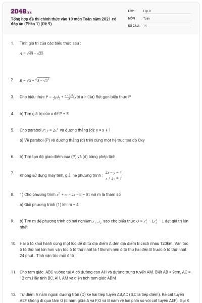 Tổng hợp đề thi chính thức vào 10 môn Toán năm 2021 có đáp án (Phần 1) (Đề 9)