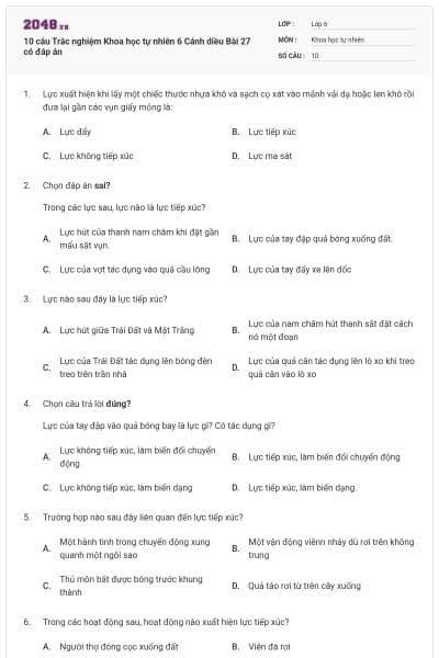 10 câu Trắc nghiệm Khoa học tự nhiên 6 Cánh diều Bài 27 có đáp án