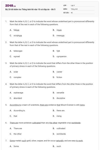 Bộ 20 đề kiểm tra Tiếng Anh thi vào 10 có đáp án - Đề 5
