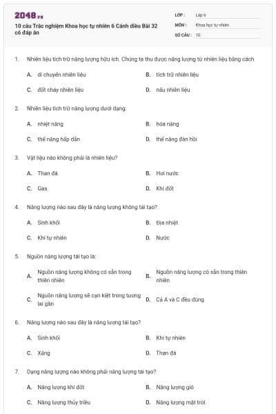 10 câu Trắc nghiệm Khoa học tự nhiên 6 Cánh diều Bài 32 có đáp án