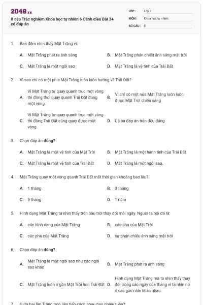8 câu Trắc nghiệm Khoa học tự nhiên 6 Cánh diều Bài 34 có đáp án