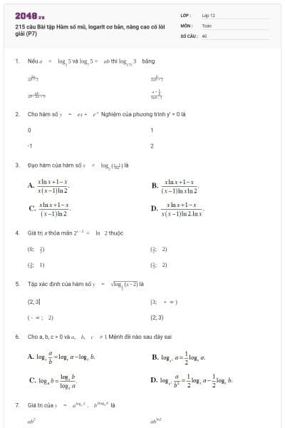 215 câu Bài tập Hàm số mũ, logarit cơ bản, nâng cao có lời giải (P7)